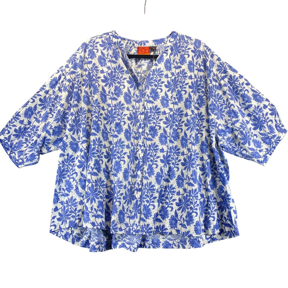 Anu‎ by Natural Blue Floral Cotton Tunic Top Blouse Women's Size L Oversized